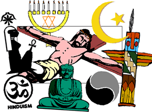Jesus on the cross, in
                the midst of symbols of other religions